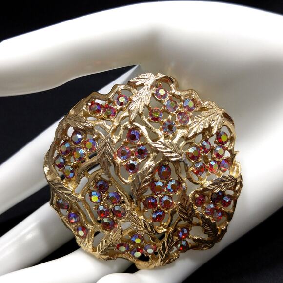 Sarah Coventry Red Rhinestone Brooch, Golden Leaves, Aurora Borealis, 1960s - Picture 10 of 10